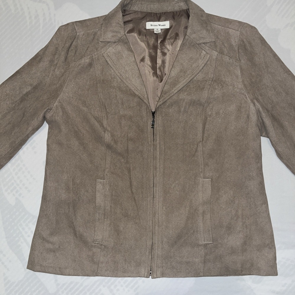 Studio Works Tan Faux Suede Zip Up Women's Jacket Size 14